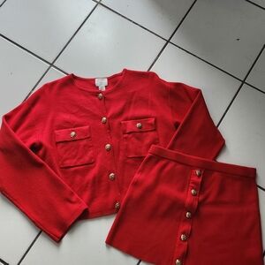 H&M Red Knit Buttoned Cardigan and Skirt Set
